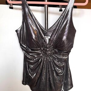 Cache Shimmering Silver V-Neck Top Ruched Elegant Details Built In Bra. Size L